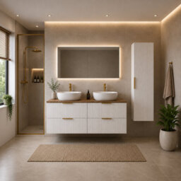 Impact Furniture Bathroom Cabinet Furniture Set White Fluted Double Vanity Unit With Basins Oak Countertop Wall Storage Cabinet Adel - thumbnail 1