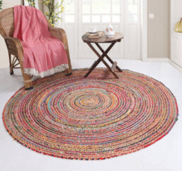 Second Nature Online Mishran Round Jute Area Rug Hand Woven With Recycled Fabric 90 Cm Diameter - thumbnail 6
