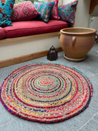 Second Nature Online Mishran Round Jute Area Rug Hand Woven With Recycled Fabric 90 Cm Diameter - thumbnail 8