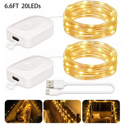 Amorly 2 Pack Fairy Lights Battery Operate,6.6 Ft Rechargeable Lights Modes, Bedroom, Living Room, Yard, Camping & Party Decor Warm White - image 1