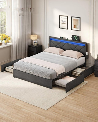 Vasagle King Platform Bed With Storage Drawers, Led Headboard, Usb Charging Ports, For Bedroom, Dark Grey - image 1