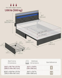 Vasagle King Platform Bed With Storage Drawers, Led Headboard, Usb Charging Ports, For Bedroom, Dark Grey - thumbnail 2