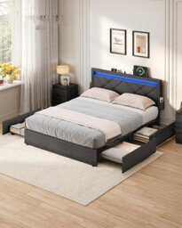 Vasagle King Platform Bed With Storage Drawers, Led Headboard, Usb Charging Ports, For Bedroom, Dark Grey - thumbnail 4