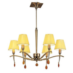 Luminosa Lighting Luminosa Siena Pendant Round 6 Light E14, Antique Brass With Amber Cream Shades And Amber Crystal