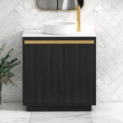 Royal Bathrooms Orion 800mm Hale Black Floor Standing Plain White Countertop Vanity Unit 2 Door With Art Basin & Brushed Brass Accent Trim - image 1