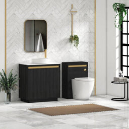 Royal Bathrooms Orion 800mm Hale Black Floor Standing Plain White Countertop Vanity Unit 2 Door With Art Basin & Brushed Brass Accent Trim - thumbnail 3