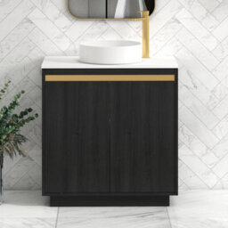 Royal Bathrooms Orion 800mm Hale Black Floor Standing Plain White Countertop Vanity Unit 2 Door With Art Basin & Brushed Brass Accent Trim - thumbnail 1