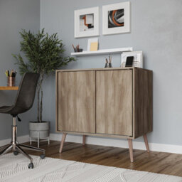Urbn-Living Urbnliving 2-Door Sliding Chest Cabinet Sideboard Oak Carcass Closet Storage Cupboard Organiser With Beech Legs - thumbnail 3