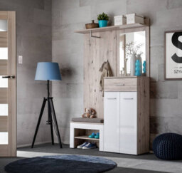 Arte Gustavo Ii Hallway Set In Oak Wellington & White Gloss - Complete Entryway Bench, Cabinet, Mirror & Hanger Station