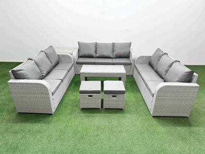 Fimous Pe Rattan Lounge Sofa Set 11 Seater Outdoor Garden Furniture Set Oblong Coffee Table 2 Stools Side Table Light Grey - image 1