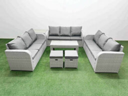 Fimous Pe Rattan Lounge Sofa Set 11 Seater Outdoor Garden Furniture Set Oblong Coffee Table 2 Stools Side Table Light Grey - thumbnail 2