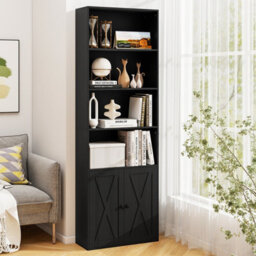 Costway 180 Cm Freestanding Bookcase Modern Bookshelf With 2-Door Cabinet-Black - thumbnail 1