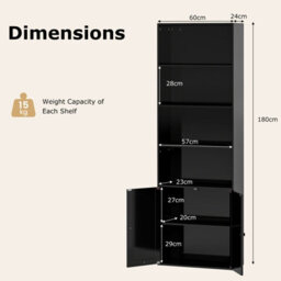 Costway 180 Cm Freestanding Bookcase Modern Bookshelf With 2-Door Cabinet-Black - thumbnail 3