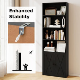 Costway 180 Cm Freestanding Bookcase Modern Bookshelf With 2-Door Cabinet-Black - thumbnail 4