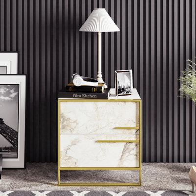 Decorotika Polka Nightstand 2 Drawer Bedside Table White Marble Effect & Gold - image 1