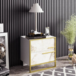 Decorotika Polka Nightstand 2 Drawer Bedside Table White Marble Effect & Gold - thumbnail 2