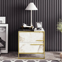 Decorotika Polka Nightstand 2 Drawer Bedside Table White Marble Effect & Gold - thumbnail 1