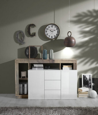 FurniComp LTD Furnicomp Lorenzo 2 Door 3 Drawer White Gloss And Pero Oak Sideboard - image 1