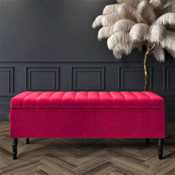 90Cm Paris Striped Ottoman Storage Bench- Plush Velvet Shoe Bench - Claret Red Upholstery Footstool With Storage