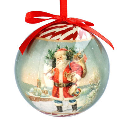 Gisela Graham Christmas Paper-Wrapped Santa Claus Small Round Bauble With Red Ribbon Hanger, 8 X 8 Cm