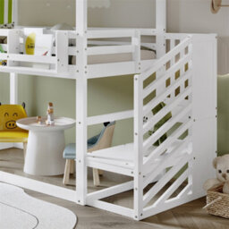 Abrihome Bunk Bed , 3Ft (90X190Cm), Kids' & Teens' Bed With Canopy, Corner Staircase & Built-In Bookshelf, White+Green - thumbnail 6