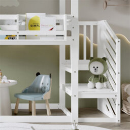 Abrihome Bunk Bed , 3Ft (90X190Cm), Kids' & Teens' Bed With Canopy, Corner Staircase & Built-In Bookshelf, White+Green - thumbnail 5