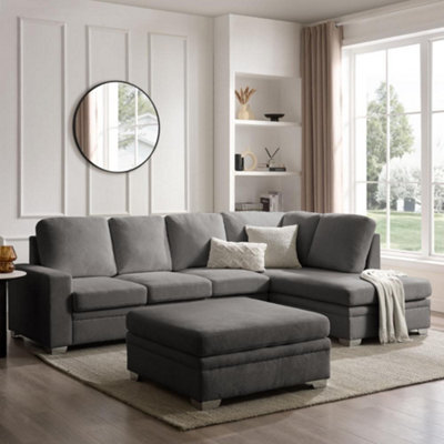 Home Detail Alana Right-Hand Facing Corner Sofa With Footstool, Dark Grey Linen - image 1