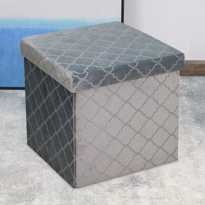 Foldable Velvet Lattice Trellis Storage Box Ottoman Cube 38Cmx38Cm For Bedroom, Living Room, Hallway - Grey - image 1