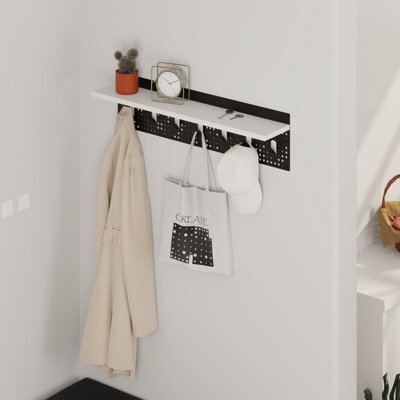 Decortie Modern 7 Hooks Wall Mounted Popy Hanger With Floating Shelf Laser-Cut Metal Surface White - image 1