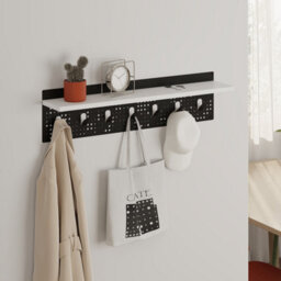 Decortie Modern 7 Hooks Wall Mounted Popy Hanger With Floating Shelf Laser-Cut Metal Surface White - thumbnail 5