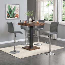 Furniture In Fashion Topaz Rustic Oak Wooden Bar Table With 4 Ripple Grey Stools
