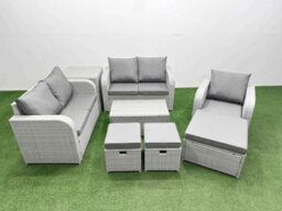 Fimous High Back Poly Rattan Garden Furniture Set Reclining Chair Loveseat Sofa Coffee Table Indoor Outdoor Set Stools Side Table - thumbnail 1
