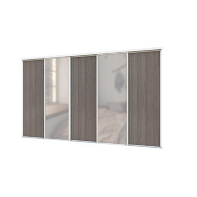 A-Class Sliding Doors Set Of 5 Dark Oak & Mirror Sliding Wardrobe Door Kit, White Frame & Tracks, Opening Height (H) 225-226Cm & Width (W) 295-296Cm - image 1
