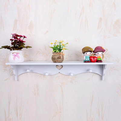 White Heart Floating Wall Shelf With Hooks Display Storage - image 1