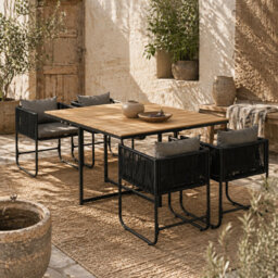 Wyld Haus Lilere 5-Piece Black Rattan Cube Garden Dining Set With Cushions And Wood-Effect Table - thumbnail 1