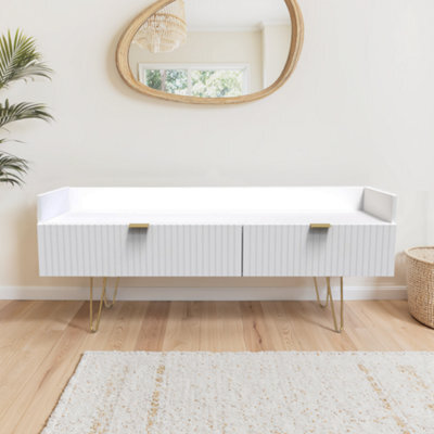 Linear Ready Assembled Matt White Media Unit With 2 Drawers, (H)128Cm X (W)51.5Cm X (D)39.5Cm - image 1