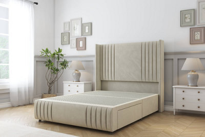 "Sloomy Camden Cream Plush Divan Bed Base No Drawers-54"" Wingback Headboard12""-Footboard 4'6 Double" - image 1