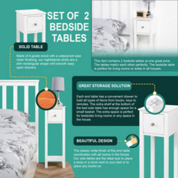 Home Treats Slim Bedside Table Set Of 2 Nightstand Narrow End Table Tall With Drawer White Wooden - thumbnail 5