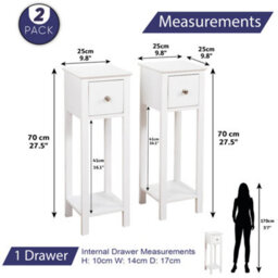 Home Treats Slim Bedside Table Set Of 2 Nightstand Narrow End Table Tall With Drawer White Wooden - thumbnail 3