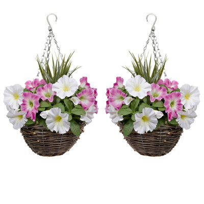 GreenBrokers Grrenbrokers 2 X Artificial Pink & White Petunias Rattan Hanging Baskets (52Cm/20In) - image 1