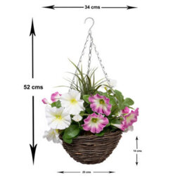 GreenBrokers Grrenbrokers 2 X Artificial Pink & White Petunias Rattan Hanging Baskets (52Cm/20In) - thumbnail 3
