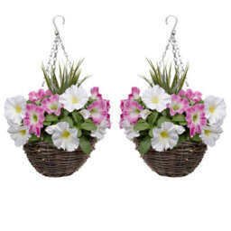 GreenBrokers Grrenbrokers 2 X Artificial Pink & White Petunias Rattan Hanging Baskets (52Cm/20In)
