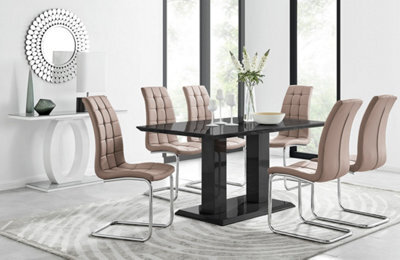 Furniturebox Imperia Black High Gloss 6 Seater Dining Table With Structural 2 Plinth Column Legs 6 Beige Padded Faux Leather Murano Chairs - image 1