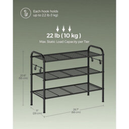 3-Tier Shoe Rack, Metal Shoe Shelf With Hooks, Adjustable Entryway Organizer For Closet And Hallway, Ink Black - thumbnail 2