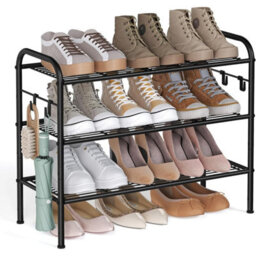 3-Tier Shoe Rack, Metal Shoe Shelf With Hooks, Adjustable Entryway Organizer For Closet And Hallway, Ink Black - thumbnail 6