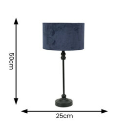 Valuelights Maggie Black Metal Candlestick Slim Table Lamp With Navy Blue Velvet Drum Lamp Shade - thumbnail 6