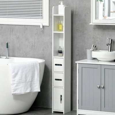 White Tall Bathroom Cabinet Slim Storage Unit Cupboard Shelves Drawers - image 1