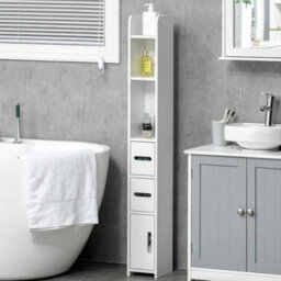White Tall Bathroom Cabinet Slim Storage Unit Cupboard Shelves Drawers - thumbnail 1