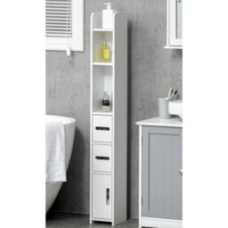 White Tall Bathroom Cabinet Slim Storage Unit Cupboard Shelves Drawers - thumbnail 4
