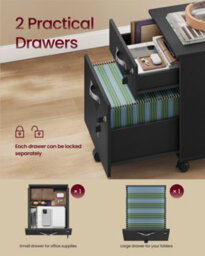 LEDREM Lockable File Cabinet, Filing Pedestal With 2 Drawers, 5 Wheels, And Adjustable Hanging Rails, Textured Surface,black - thumbnail 4